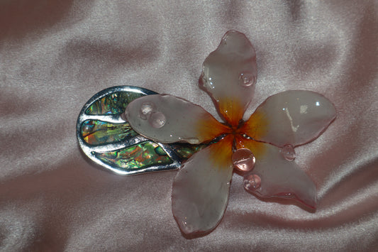 Clip~ Plumeria, Perlas de vidrio & Abulón