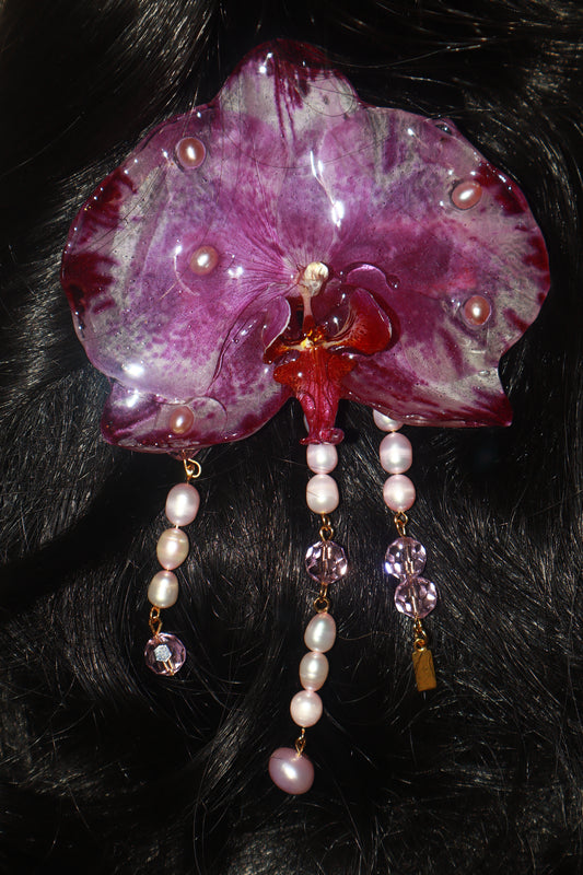Clip~Orquídea Grande, Perlas de Aguadulce&Perlas de vidrio